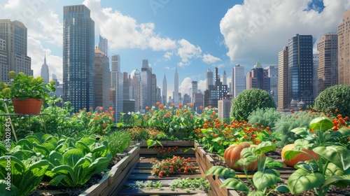 Roof top farming organic garden with various vegetables, herbs and flowers. Cultivation of fresh produce on the top of buildings in major cities. hyper realistic 