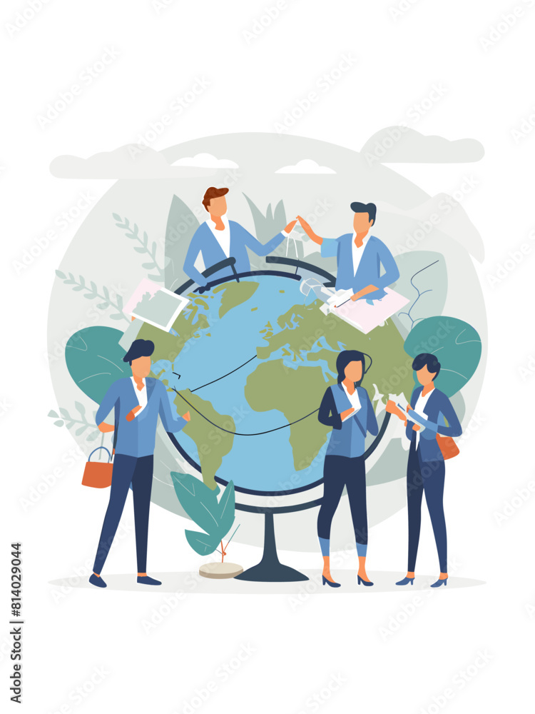 Graphic Representation of a Team of Travel Consultants Planning Itineraries With Globes, Maps, and Travel Guides, Vector Illustartion Style Graphic Representation of a Team of Travel Consultants Planning Itineraries With Globes, Maps, and Travel Guides, Vector Illustartion Style