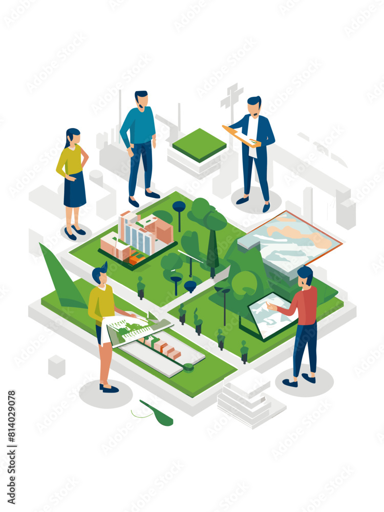 Graphic Representation of a Team of Urban Planners Designing a Green Space With Models and Aerial Maps, Vector Illustartion Style