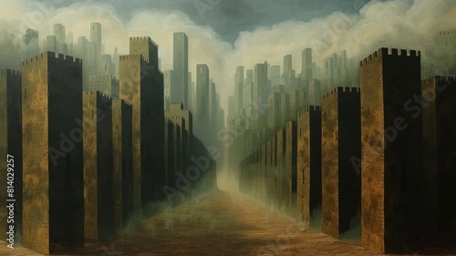 The image shows a dark and mysterious city with tall buildings and a long road leading into the distance.