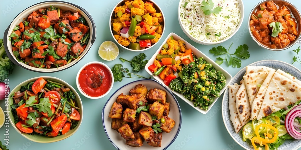 Comparing Vegan/Vegetarian and Traditional Indian Dishes with Overhead Shot on Blue Background. Concept Food Photography, Vegan vs Traditional, Overhead Shot, Blue Background, Indian Cuisine Comparing Vegan/Vegetarian and Traditional Indian Dishes with Overhead Shot on Blue Background. Concept Food Photography, Vegan vs Traditional, Overhead Shot, Blue Background, Indian Cuisine