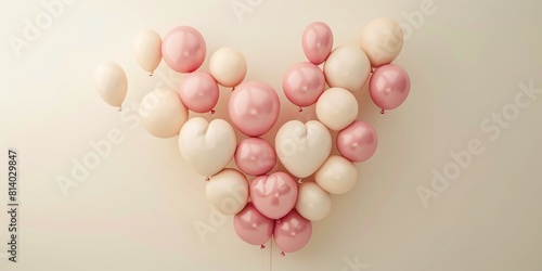 A 3D graphic of a heart shape designed with pink and cream balloons  featuring a minimalistic background for added text