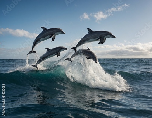 Marvel at the majesty of a pod of dolphins playing in the surf with our image of the graceful creatures leaping out of the water
