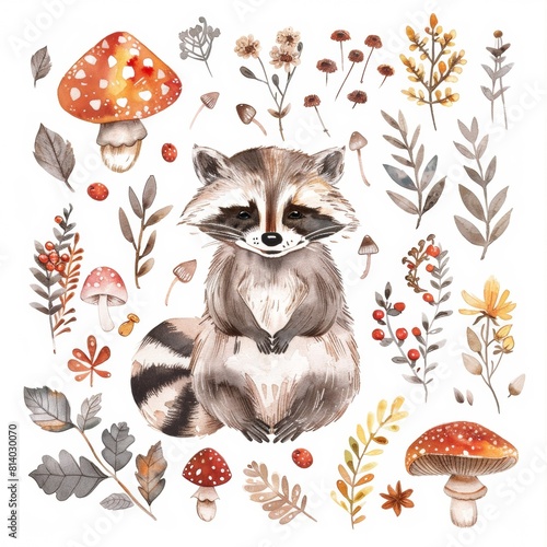 Watercolor illustrations from the collection with a cute raccoon surrounded by flowers, trees, shrubs, leaves and other elements highlighted on a white background photo