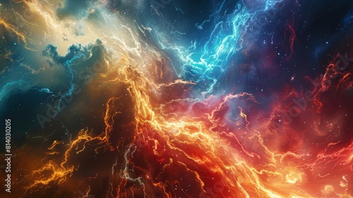 Vibrant cosmic energy surge with dynamic interplay of electric blues and fiery reds. Magnetic storm in outer space. Concepts of cosmos, energy, abstract, fantasy background and dynamic flow.