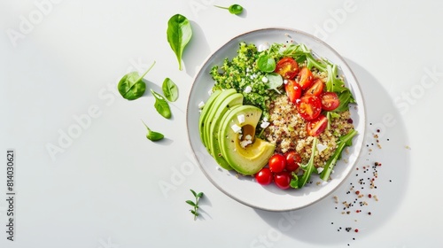 A plate of food with a salad, tomatoes, and avocado
