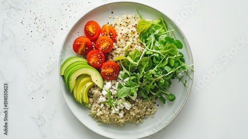 A plate of food with a salad  tomatoes  and avocado