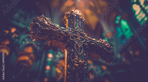Detailed close-up of an ornately carved golden cross, glowing warmly in the intricate ambiance of a majestic church. photo