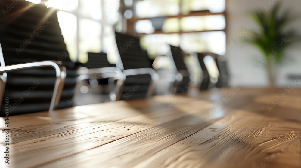 3D illustration of a closeup on a wooden table surface, with office chairs and desks blurred in the background, workplace concept 3D illustration of a closeup on a wooden table surface, with office chairs and desks blurred in the background, workplace concept
