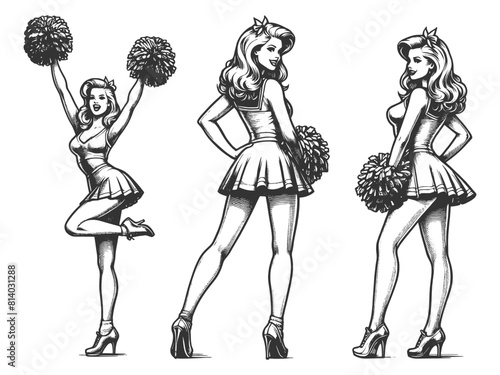 cheerleader in three dynamic poses, each exuding playful charm and retro style sketch engraving generative ai fictional character vector illustration. Scratch board imitation. Black and white image.