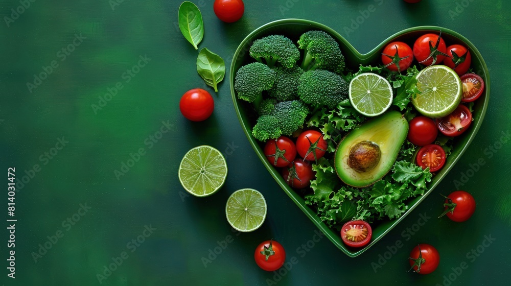 A captivating aerial view of a heart-shaped bowl filled with a vibrant salad. A captivating aerial view of a heart-shaped bowl filled with a vibrant salad.