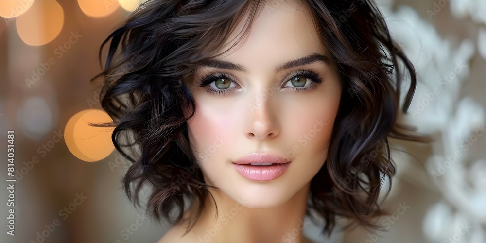 Fototapeta premium Portrait of a Slim and Attractive Young Woman with Short Dark Curly Hair. Concept Portrait Photography, Slim Model, Young Woman, Short Hair, Curly Hair