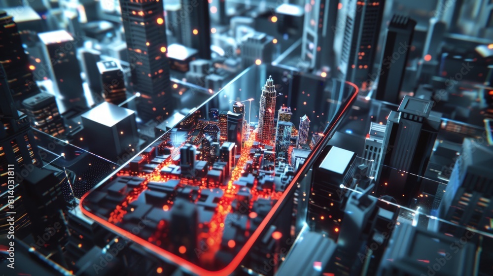 3D render featuring a smartphone displaying a cityscape model.