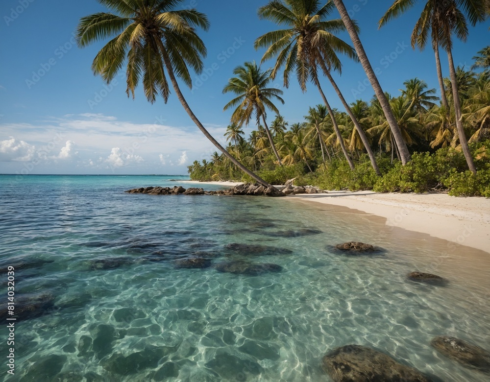Savor the tranquility of a secluded beach with our image of palm trees swaying in the breeze and crystal-clear waters lapping at the shore