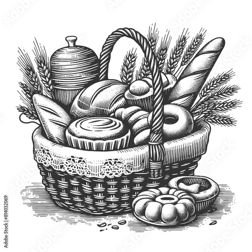 basket filled with various types of bread and pastries, adorned with wheat stalks sketch engraving generative ai vector illustration. Scratch board imitation. Black and white image.