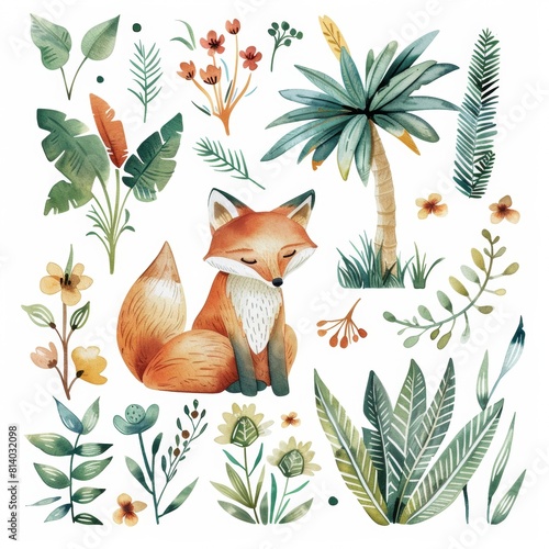 watercolor illustrations from the collection with a cute fox surrounded by flowers of mushrooms, berries, leaves and trees and other elements isolated on a white background.