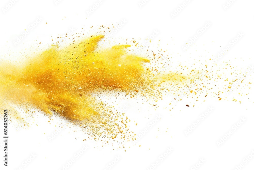 A vibrant yellow powder explosion on a plain white background. Ideal for creative projects and advertising campaigns A vibrant yellow powder explosion on a plain white background. Ideal for creative projects and advertising campaigns