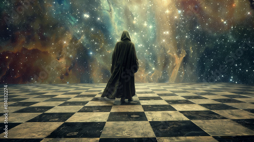 a roguish figure in a hooded cloak standing in the middle of an empty chess board which is suspended in outer space photo