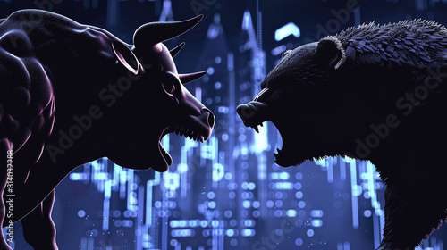 Silhouettes of a bull and a bear facing each other against a backdrop of stock market charts, symbolizing market volatility
