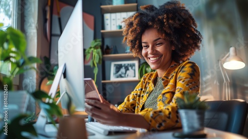 A happy young woman working from her home office desk.