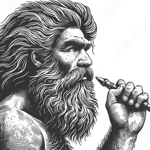 cave prehistoric man with stone hammer sketch engraving generative ai fictional character vector illustration. Scratch board imitation. Black and white image.