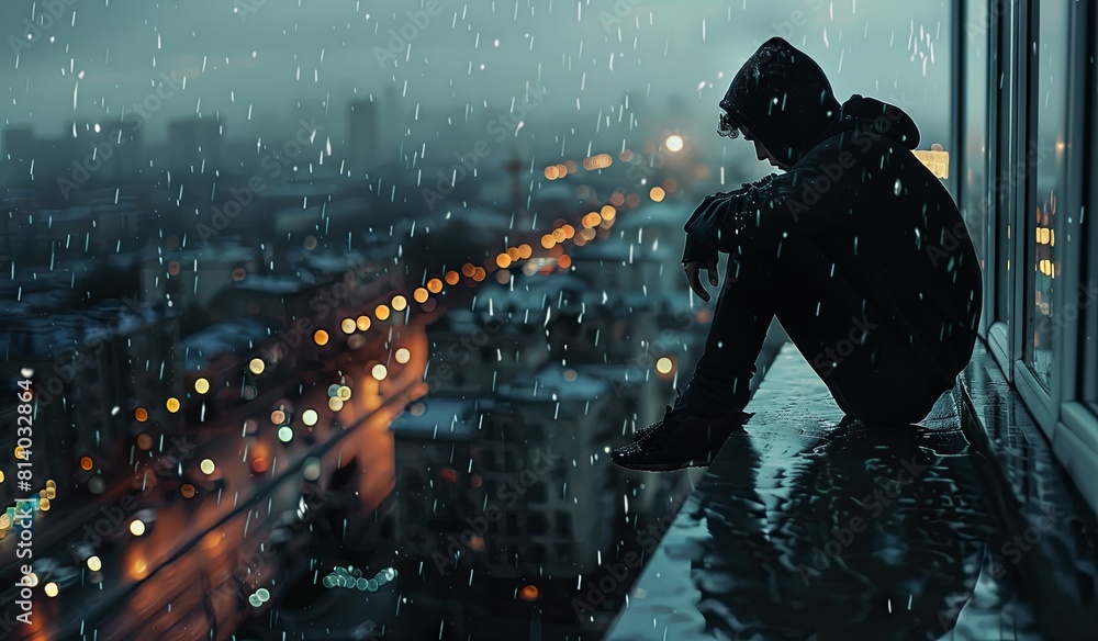 Solitary figure contemplating the cityscape on a rainy evening Solitary figure contemplating the cityscape on a rainy evening