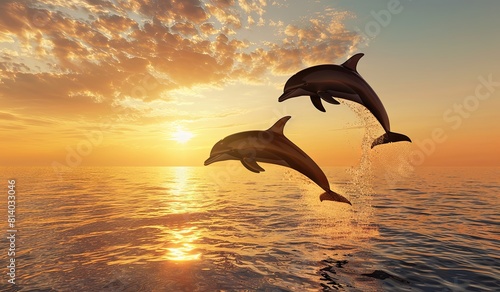 Graceful dolphins leaping at sunset over ocean waves