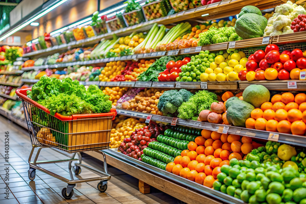 Fruits and vegetables on the shelves of a grocery store inside a supermarket. Healthy, Grocery, Nourishment, Food market.