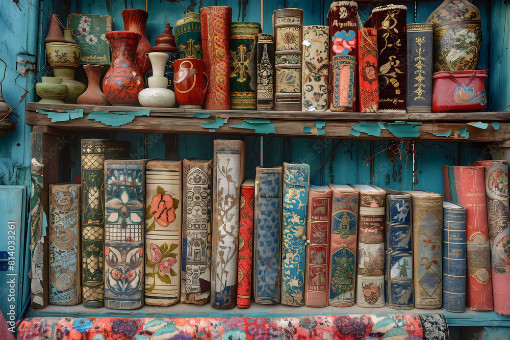 A shelf filled with old, colorful and decorated books