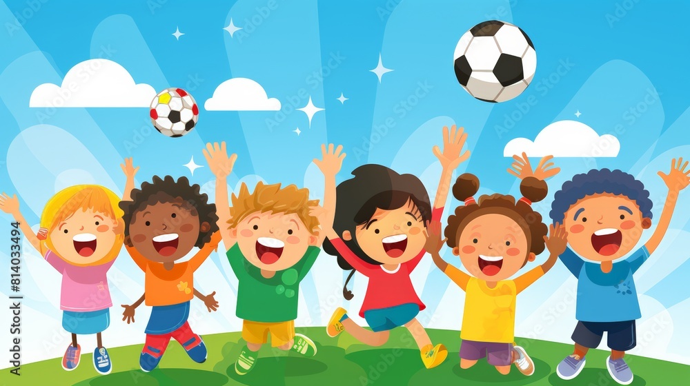 A group of children are playing soccer in a field. They are all smiling and having fun. Concept of joy and camaraderie among the children as they engage in a fun outdoor activity A group of children are playing soccer in a field. They are all smiling and having fun. Concept of joy and camaraderie among the children as they engage in a fun outdoor activity
