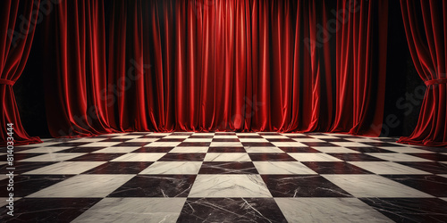 Red velvet curtains on checkered marble floor. Elegant red velvet curtains cascade onto a striking black and white checkered marble floor, setting a sophisticated stage atmosphere
