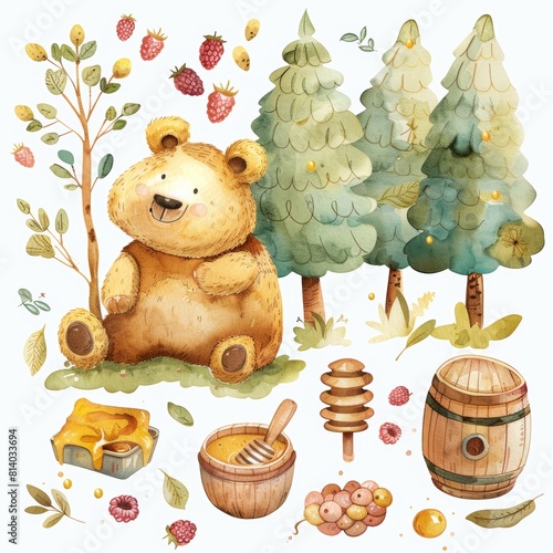watercolor illustrations from the collection with a cute bear cub surrounded by trees, raspberries and a barrel of honey, and other elements highlighted on a white background.