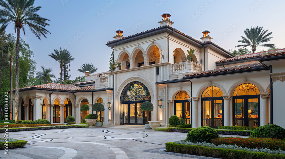 A luxurious, European-inspired boutique on Worth Avenue in Palm Beach, boasting a grand, arched entrance and elegant, cream-colored façade