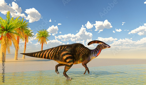 Parasaurolophus Dinosaur Lakeshore - Parasaurolophus with a cranial crest was a herbivorous Hadrosaur dinosaur that lived in North America during the Cretaceous Period.