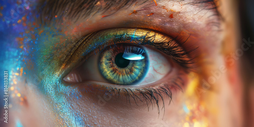 Frauen Auge in irisierenden bunten Kosmetik Neon Farben als Nahaufnahme für Poster  photo