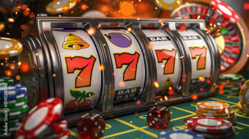 slot machine featuring classic lucky symbols like fruits, bars, and the number seven, set against a festive backdrop generative ai vector illustration.