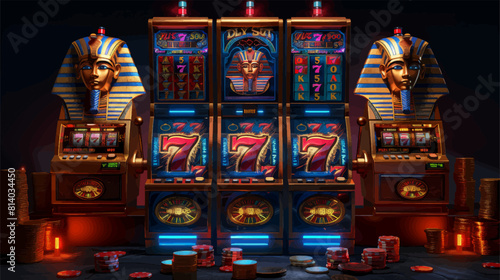 Egyptian-themed slot machines with vibrant displays featuring pharaohs and the number seven, surrounded by casino chips generative ai vector illustration.