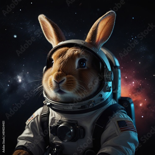 Cute astronaut pet in black space with lights on helmet photo