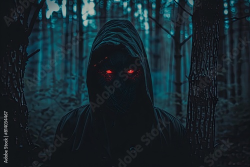 Mysterious figure with glowing red eyes in dark forest