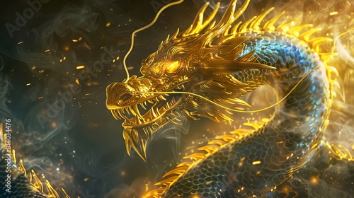 colorful logo featuring a fiery-eyed golden dragon with majestic intricate gold and blue scales photo