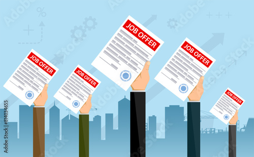 People hold contracts with job offers in their hands. Stock vector illustration