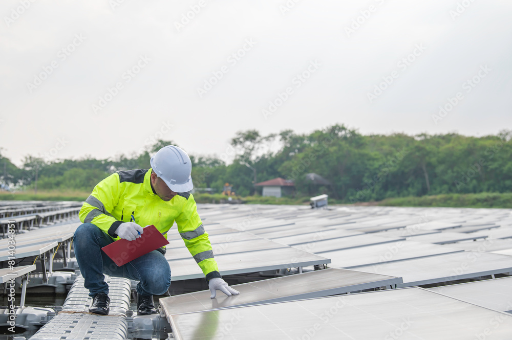 Engineer working at floating solar farm,checking and maintenance with solar batteries near solar panels,supervisor Check the system at the solar power station