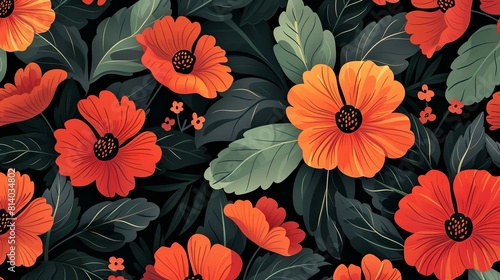 Vibrant orange floral pattern with lush green foliage