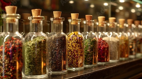 A row of glass bottles filled with assorted spices and herbs, each one adding flavor to a dish