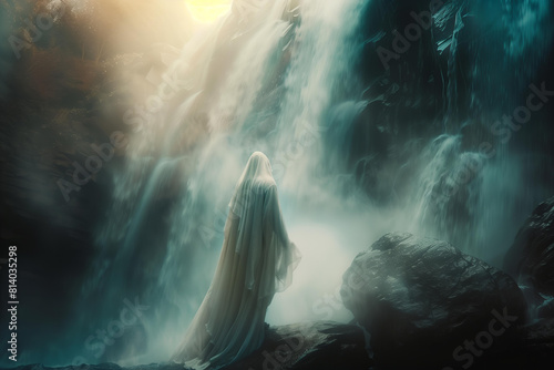 a dark fantasy photograph of an ethereal woman with long blonde hair wearing white flowing robe standing under the bottom of a waterfall, misty, cinematic, atmospheric © ALL YOU NEED studio