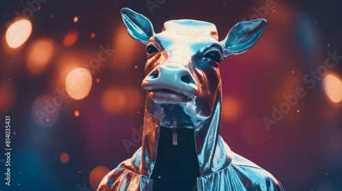 Cow in a Silver Costume Standing in Front of a Light photo