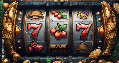 slot machine featuring classic lucky symbols like fruits, bars, and the number seven, set against a festive backdrop generative ai vector illustration.