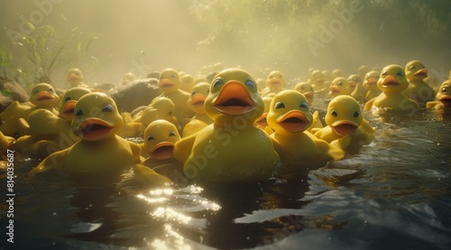 Group of Yellow Rubber Ducks Swimming in River photo