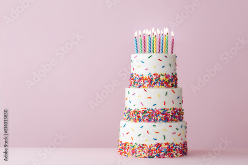 Tiered birthday cake with colorful sprinkles and birthday candles