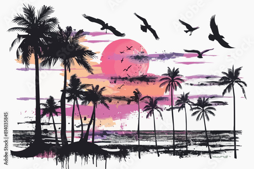Pink beach sunshine grunge palm and biach in vintage style on white background. Sunset light. Vector silhouette.